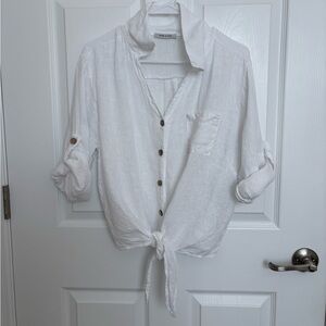 White Button-Up Tie Front Shirt